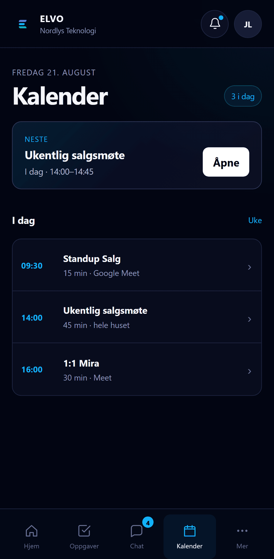 ELVO Kalender — dagens møter