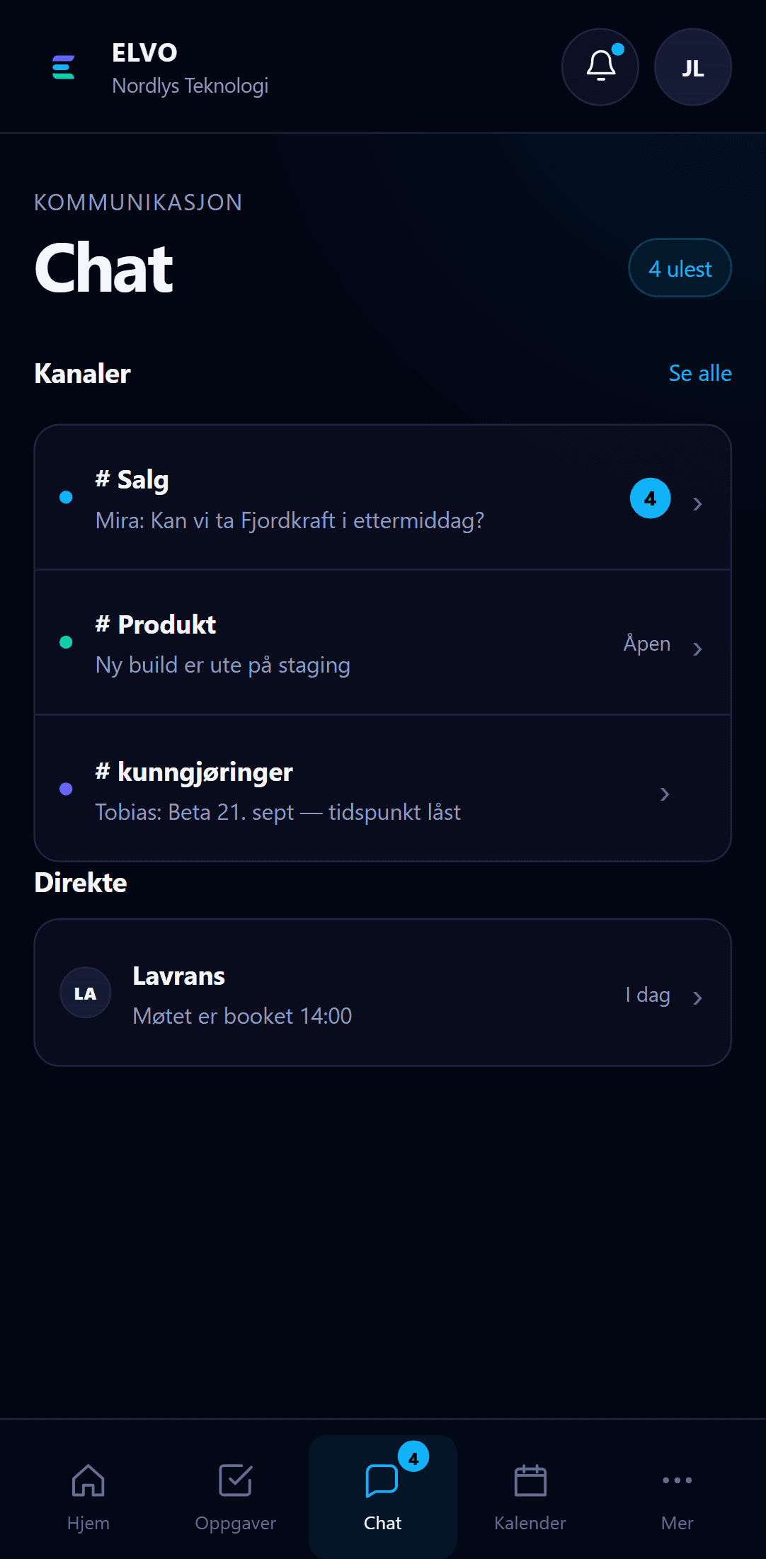 ELVO Chat — kanaler og direktemeldinger